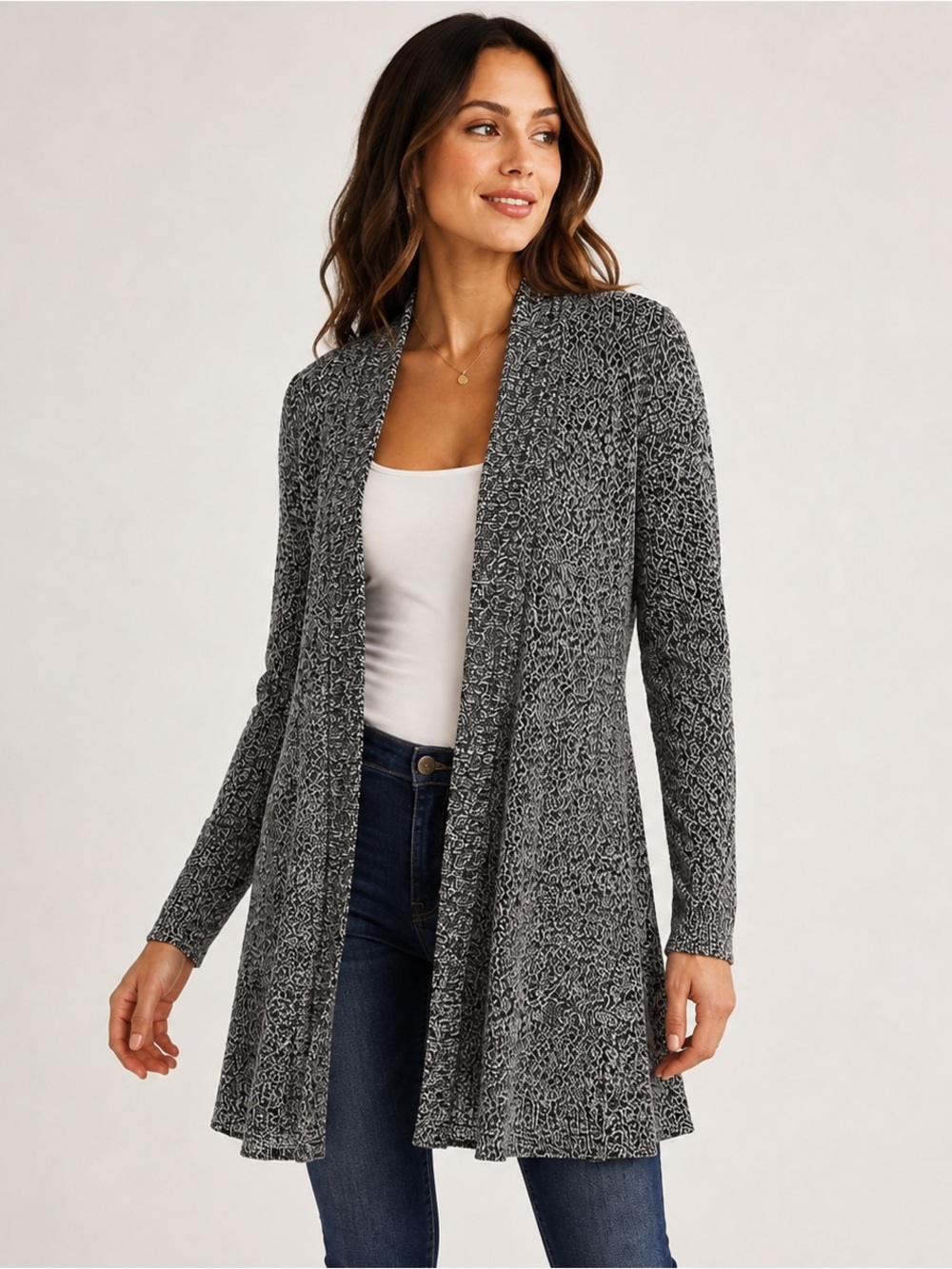 LOFT Black & White Marled Long Open Front Cardigan – Size Medium